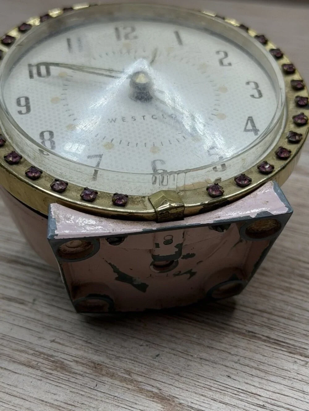 Vtg Baby Ben Alarm Clock Pink W/Brass Plated Base And Pink Stones In Lens Bezel